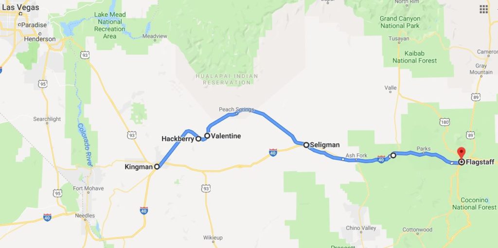 Driving map of Route 66 in Arizona, the best road trip itinerary.